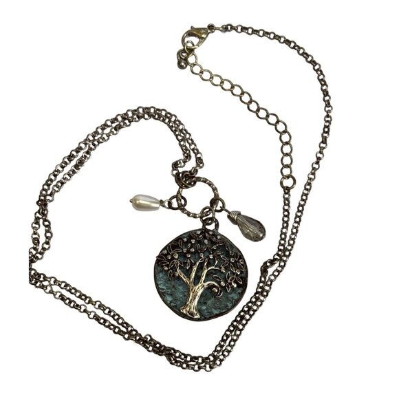 Tree Of Life Pendant Necklace on Blue Enamel Disc Pearl Crystal Charms Silver-To - Picture 1 of 6